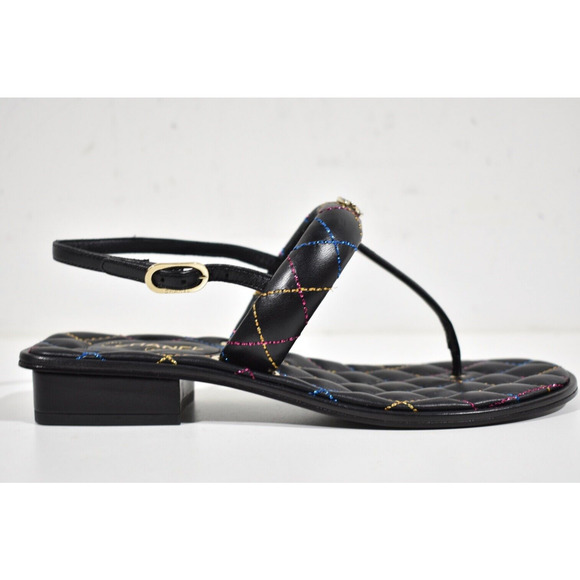 Chanel 21K Black Multicolor Leather CC Logo Mule Slide Flat Thong Sandal 37.5 - Picture 2 of 11